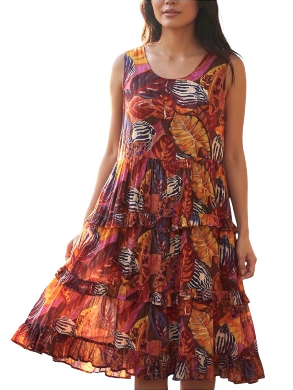 Adrian Jordan Orange Tropical Cotton Maxi Dress w/ Tiered Ruffle Skirt - Size 16